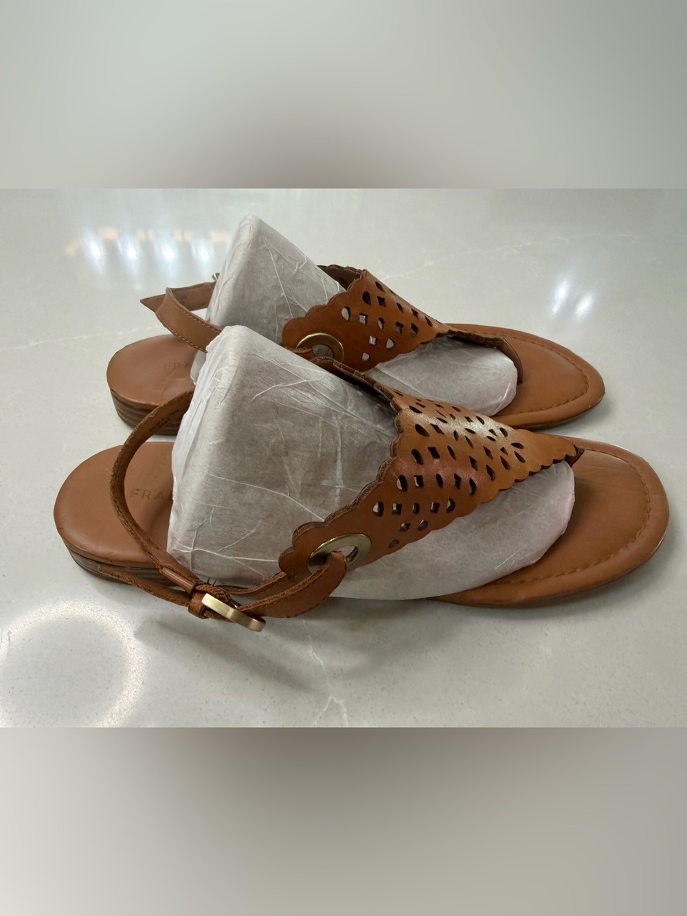 Franco Sarto Gaby Tan Leather Laser Cut Flat Slingback Sandals Size 9.5M